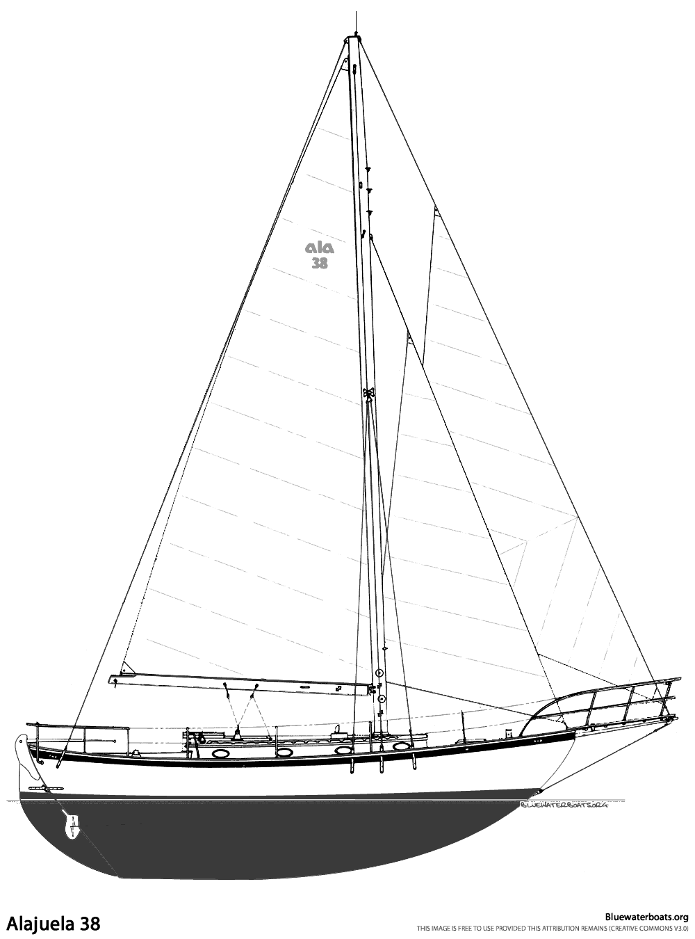 Line drawing of the Alajuela 38 sailboat