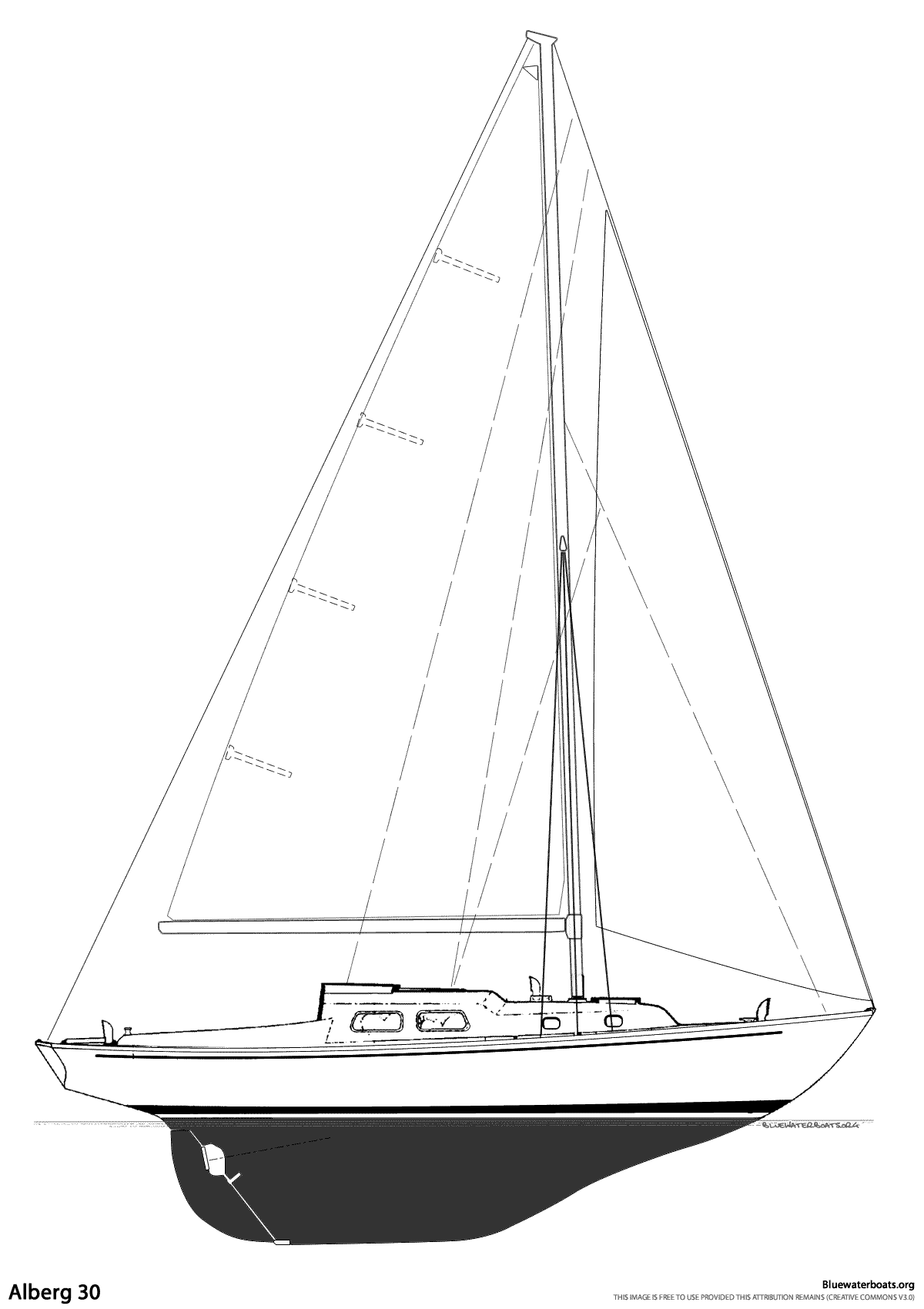 Line drawing of the Alberg 30 sailboat