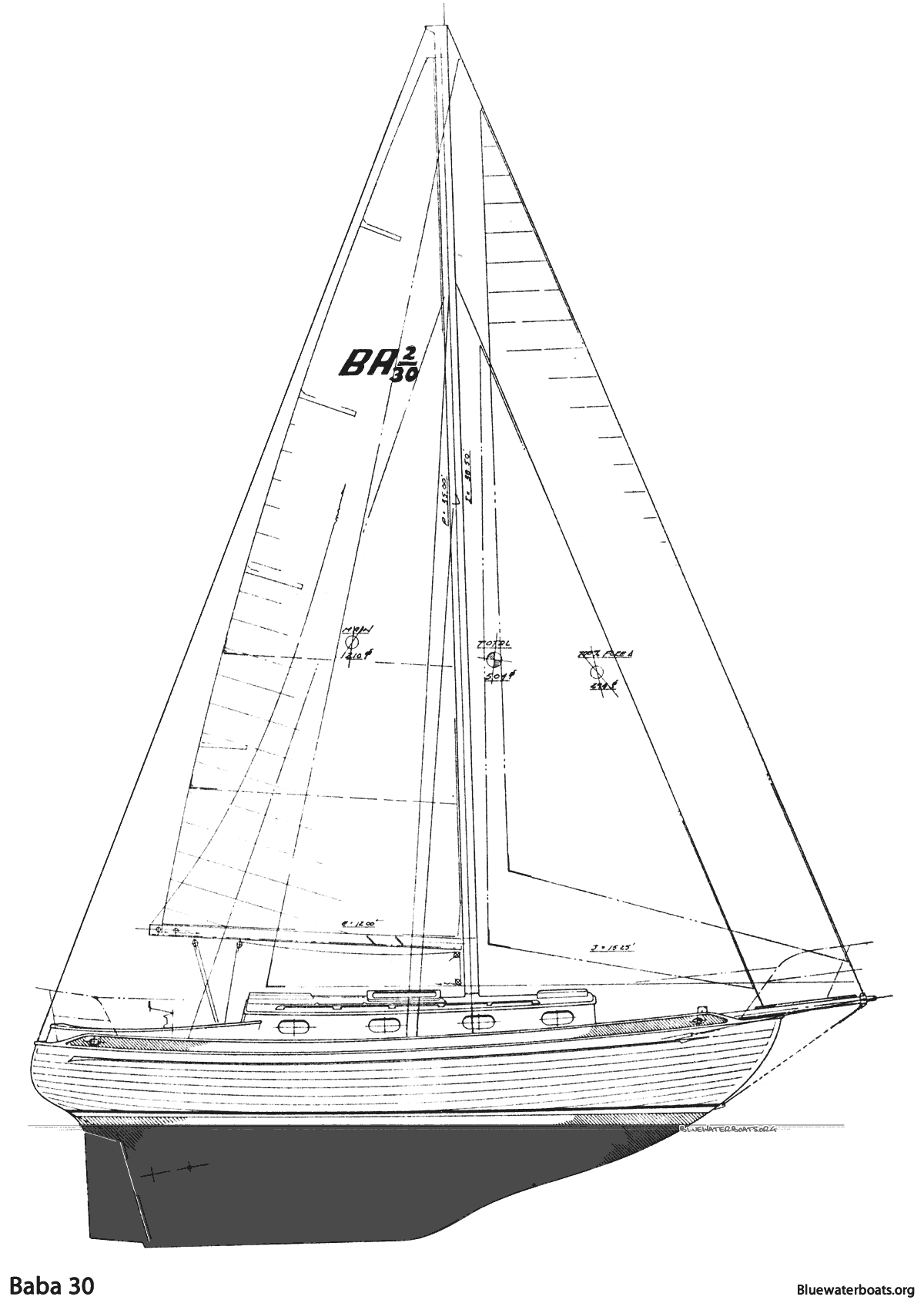 Line drawing of the Baba 30 sailboat