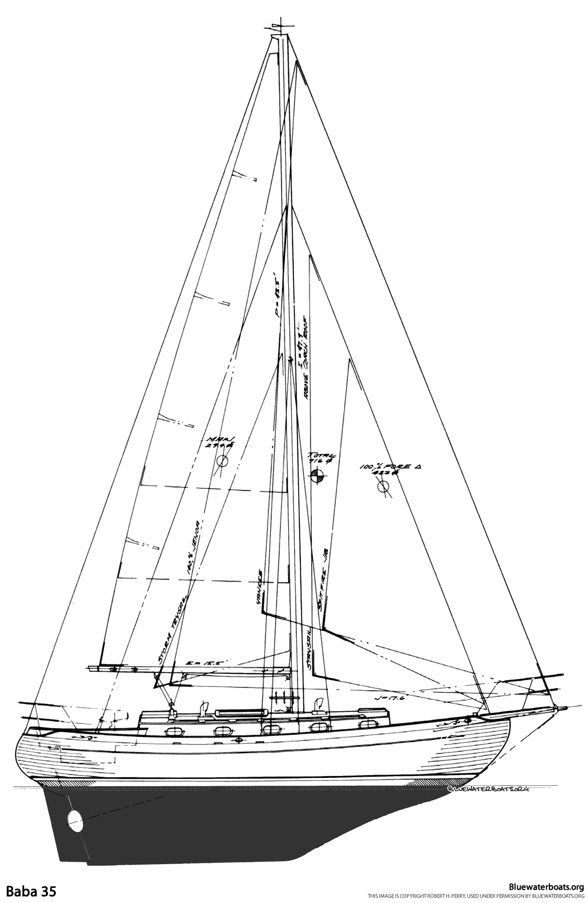 Line drawing of the Baba 35 sailboat