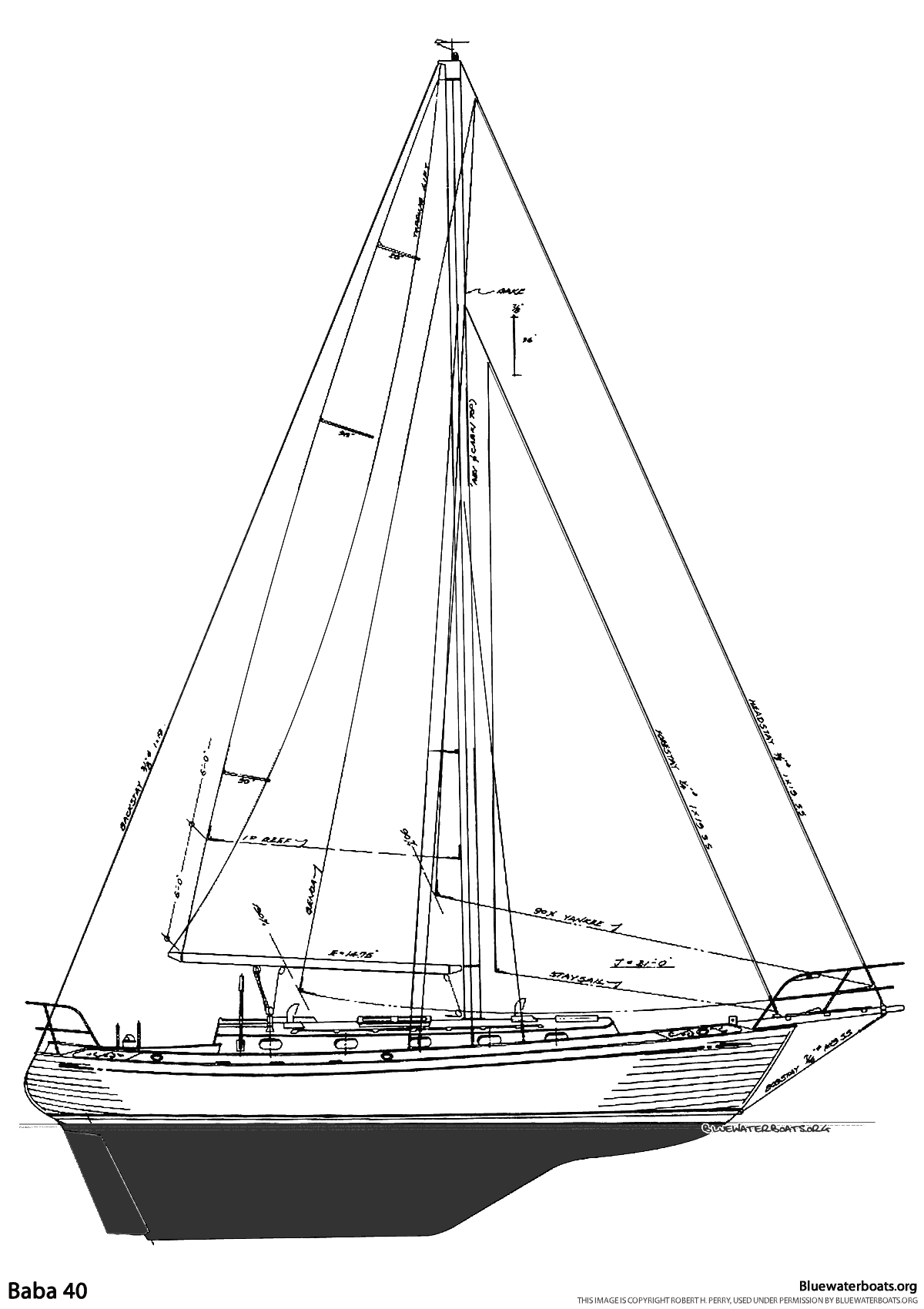 Line drawing of the Baba 40 sailboat