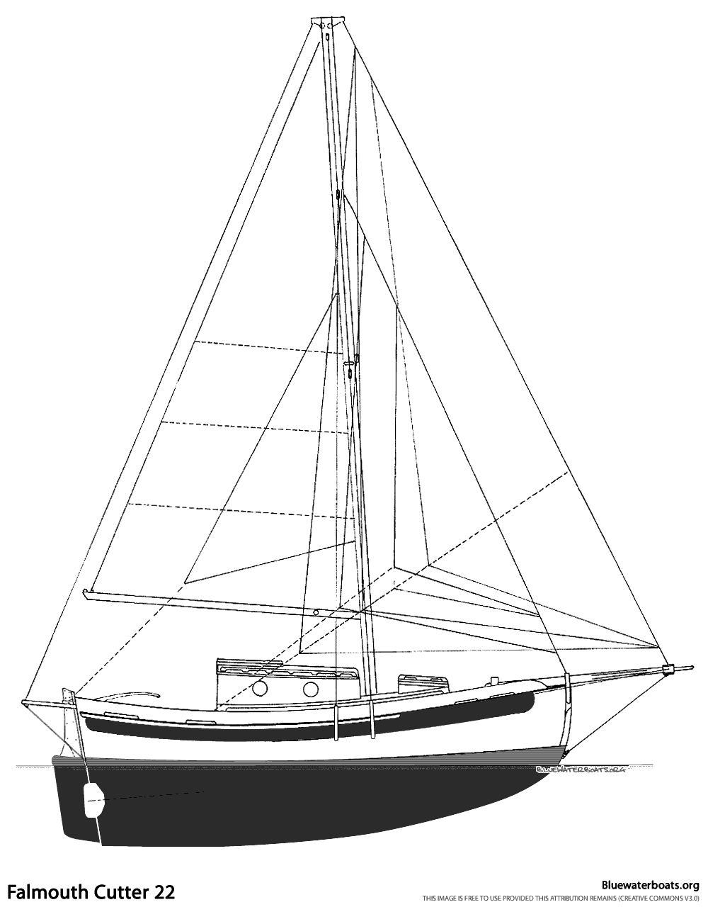 Line drawing of the Falmouth Cutter 22 sailboat