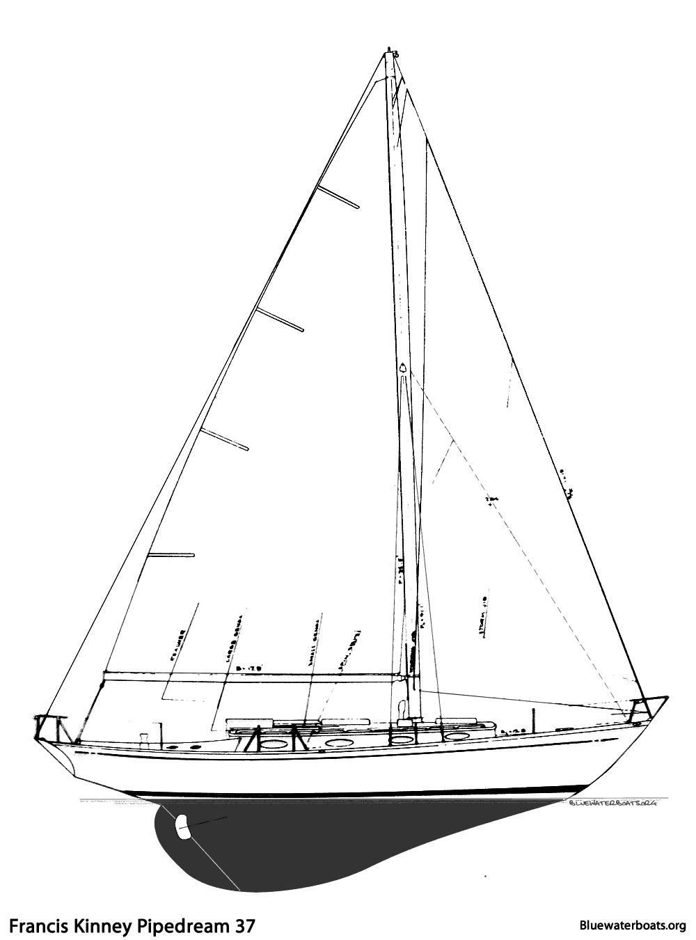 Line drawing of the Francis Kinney Pipedream 37 sailboat
