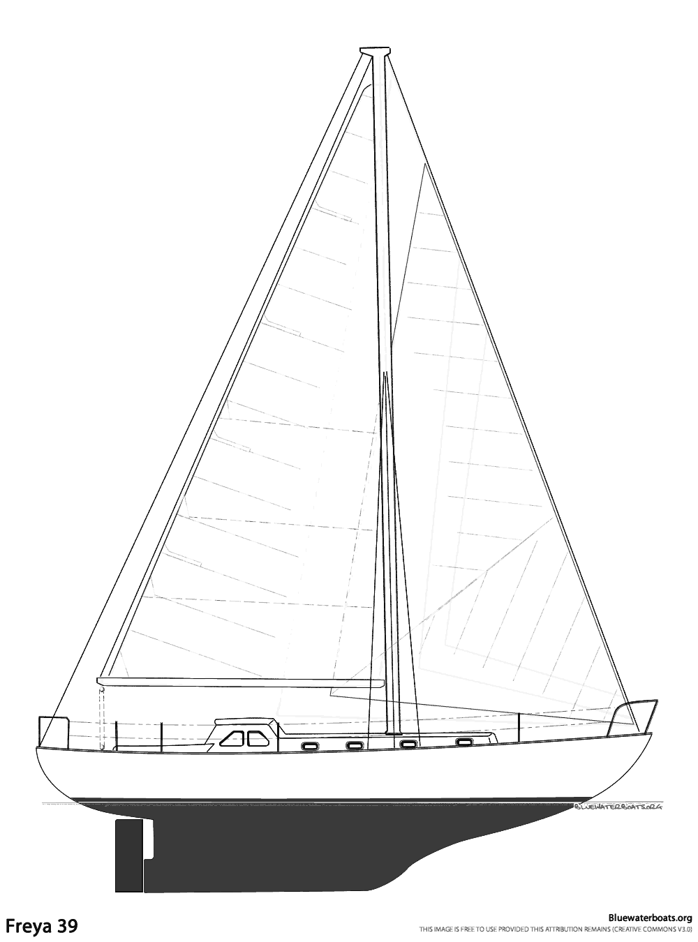 Line drawing of the Freya 39 sailboat