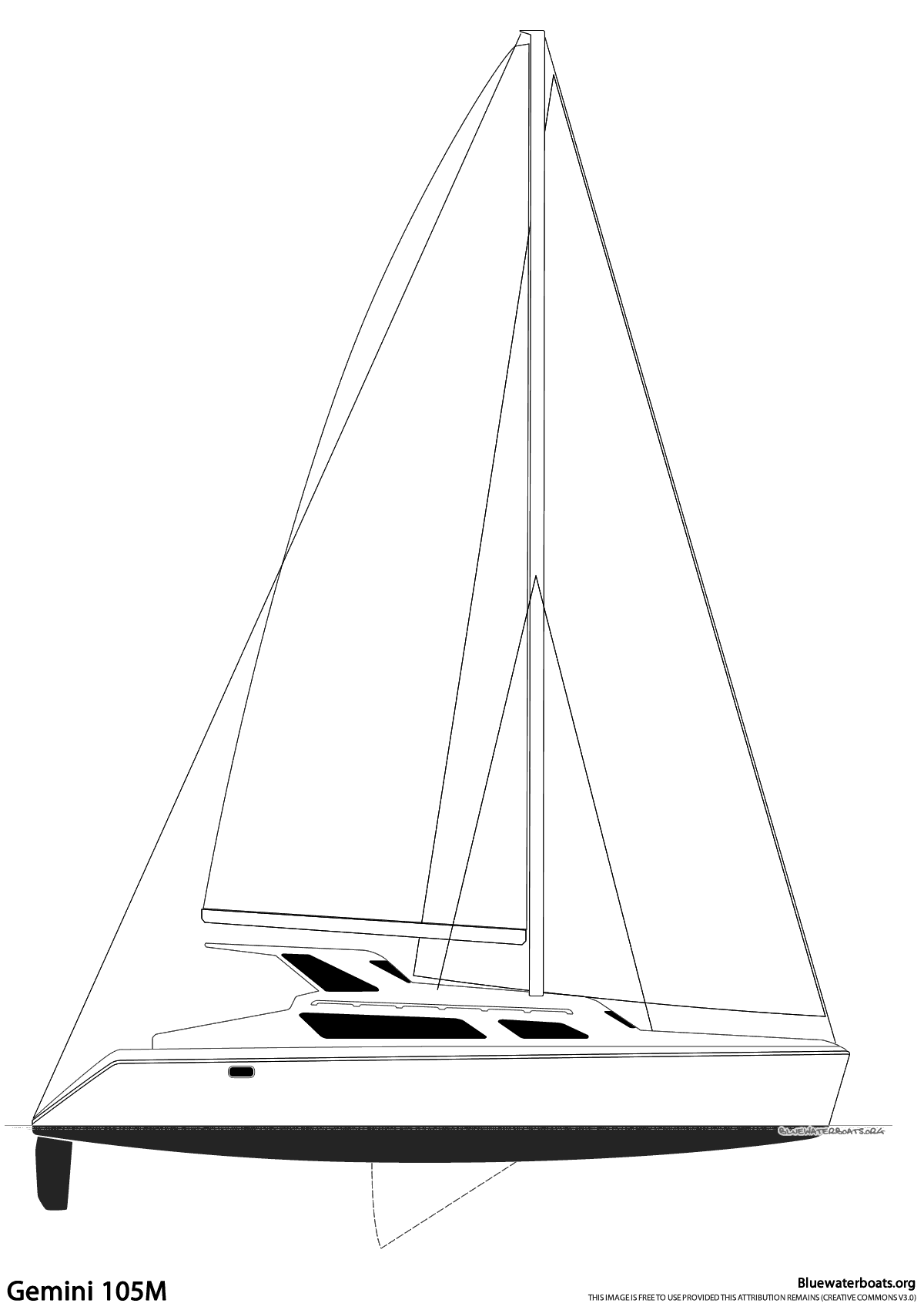 Line drawing of the Gemini 105M sailboat