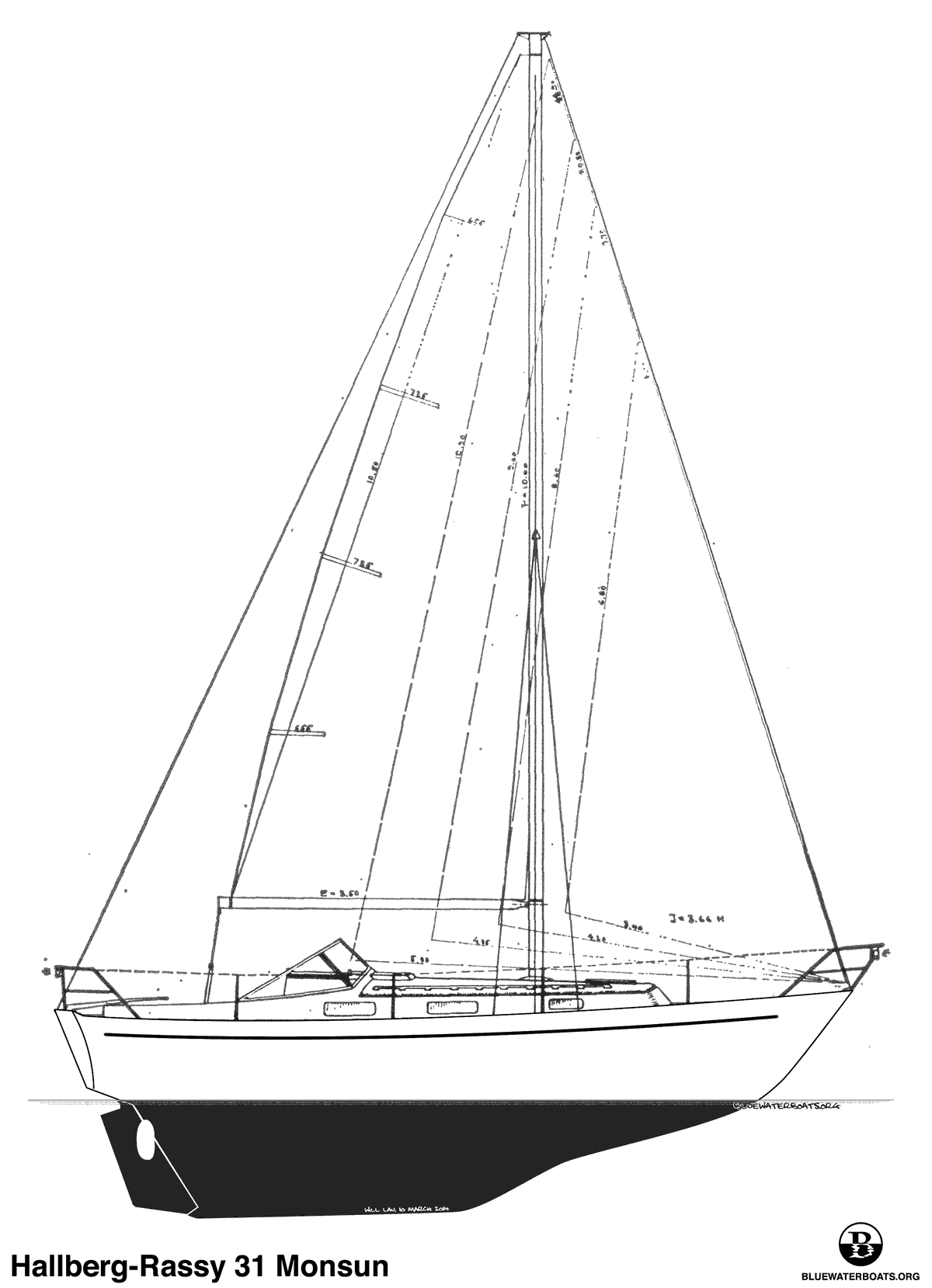 Line drawing of the Hallberg-Rassy 31 Monsun sailboat