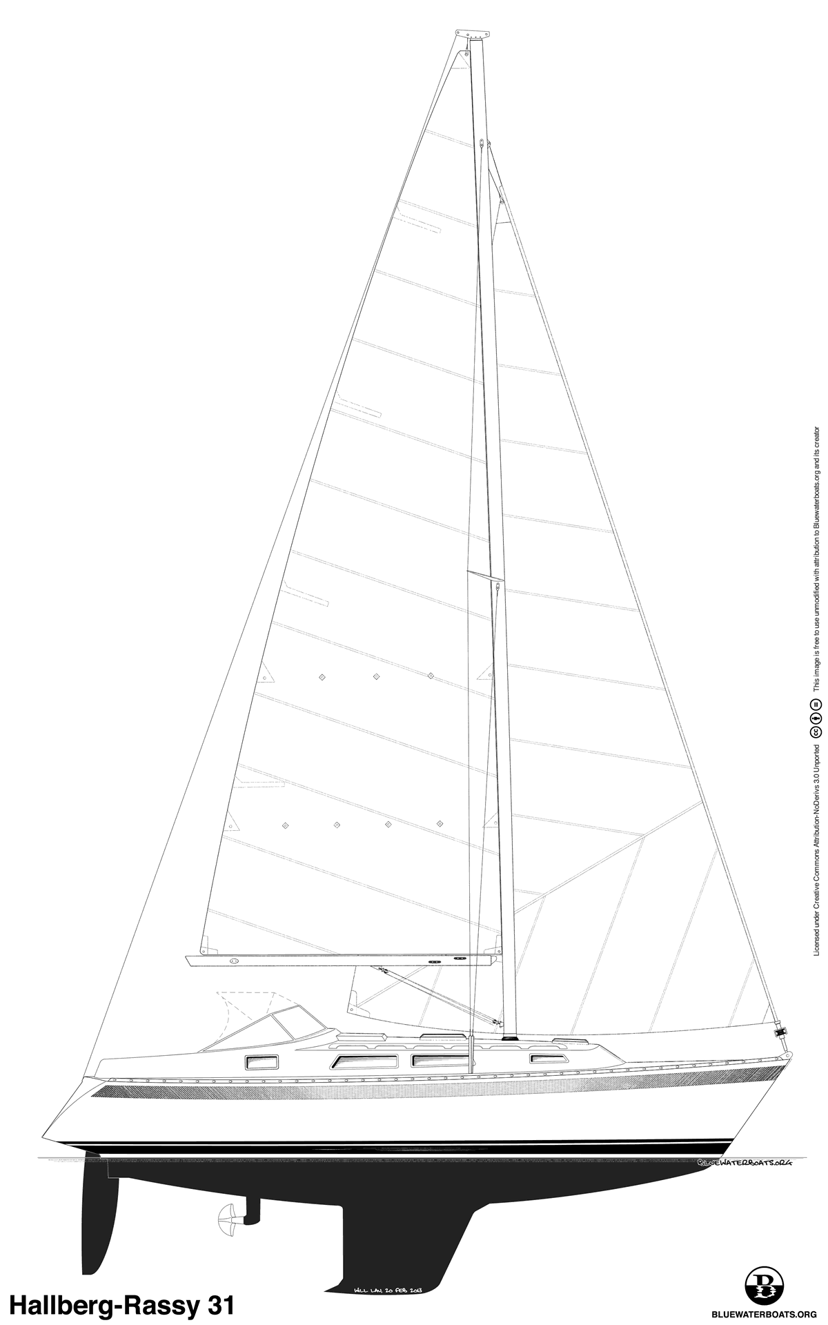 Line drawing of the Hallberg-Rassy 31 sailboat