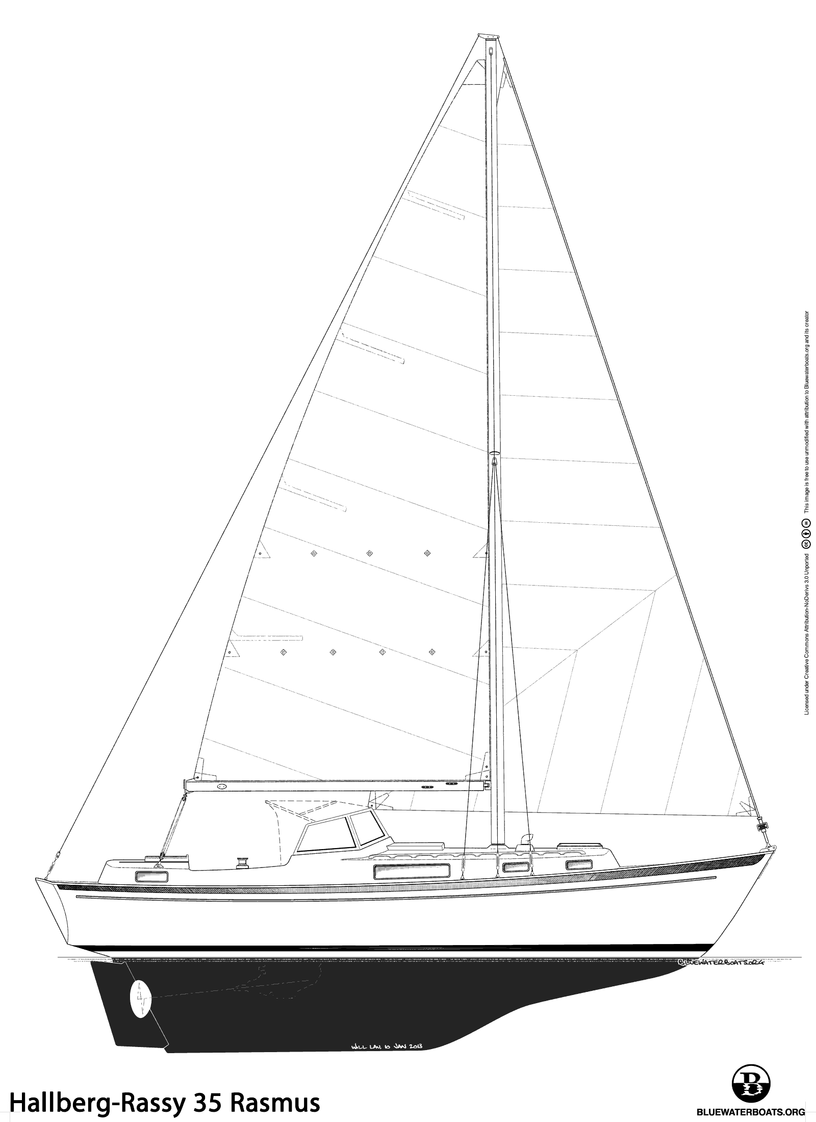 Line drawing of the Hallberg-Rassy 35 Rasmus sailboat