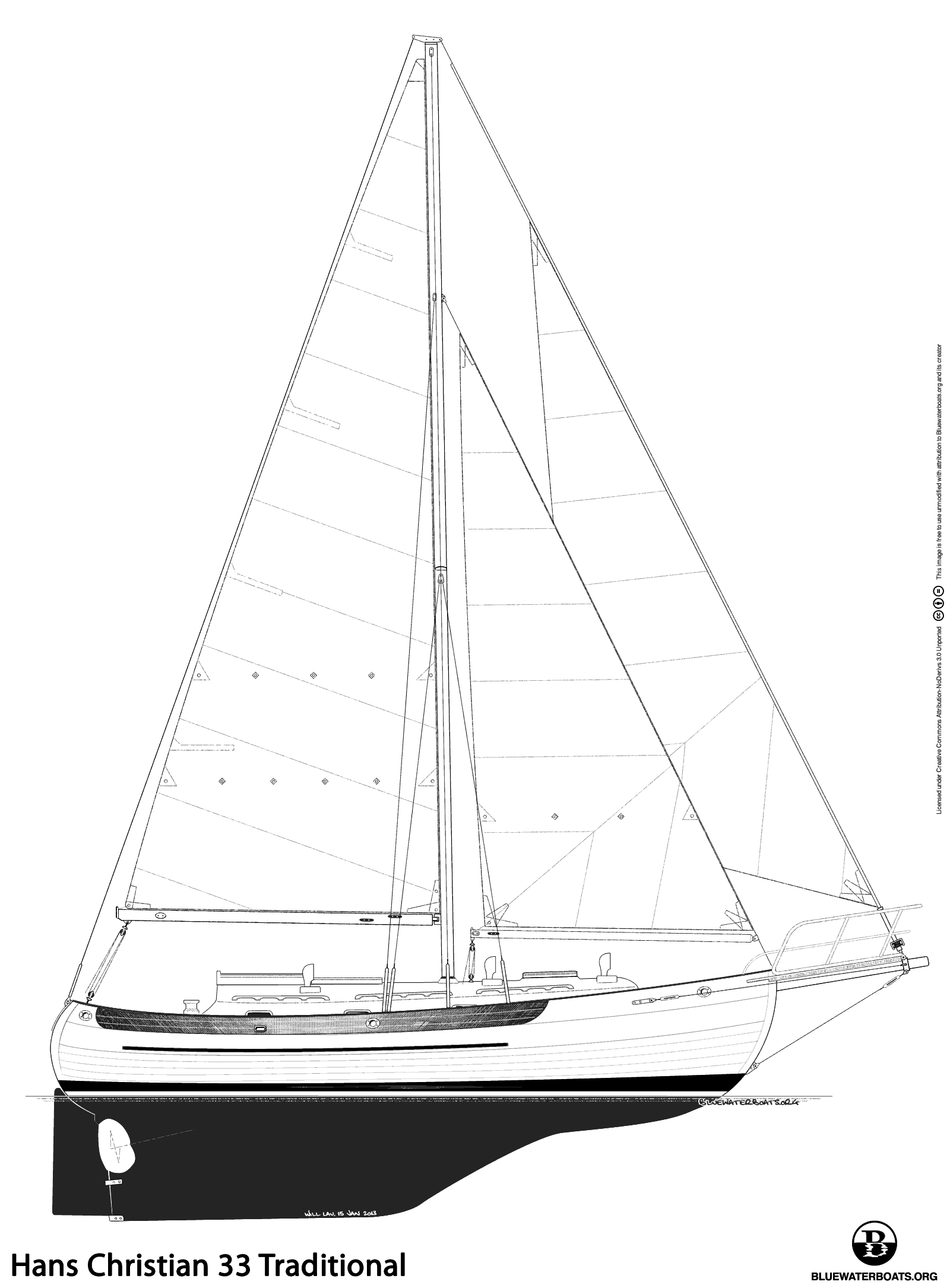 Line drawing of the Hans Christian 33 Traditional sailboat