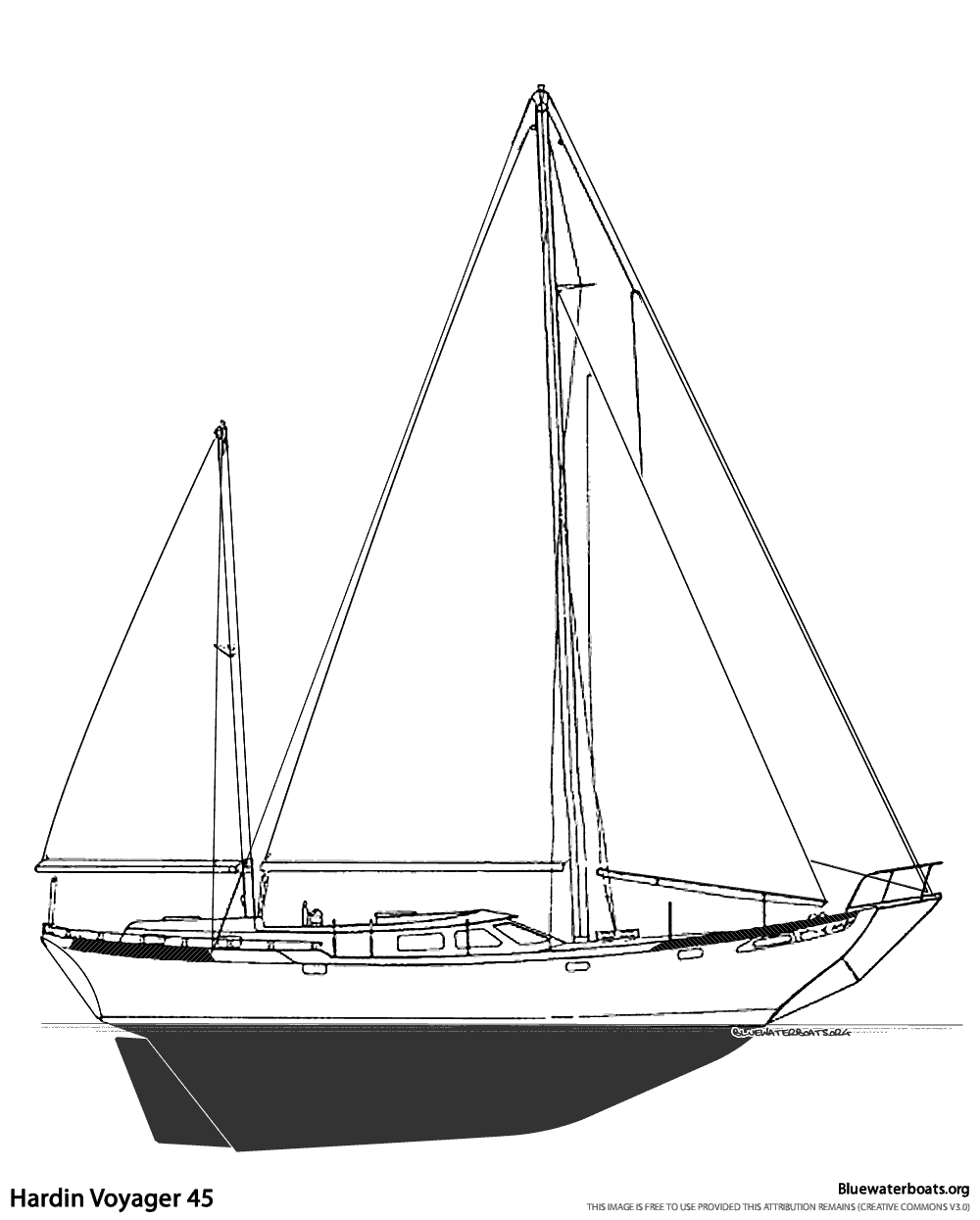 Line drawing of the Hardin 45 sailboat