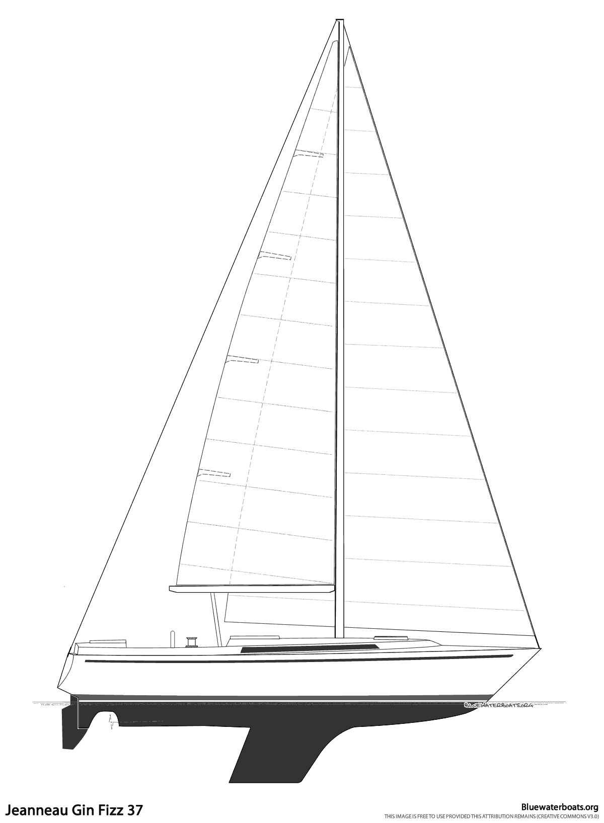 Line drawing of the Jeanneau Gin Fizz 37 sailboat