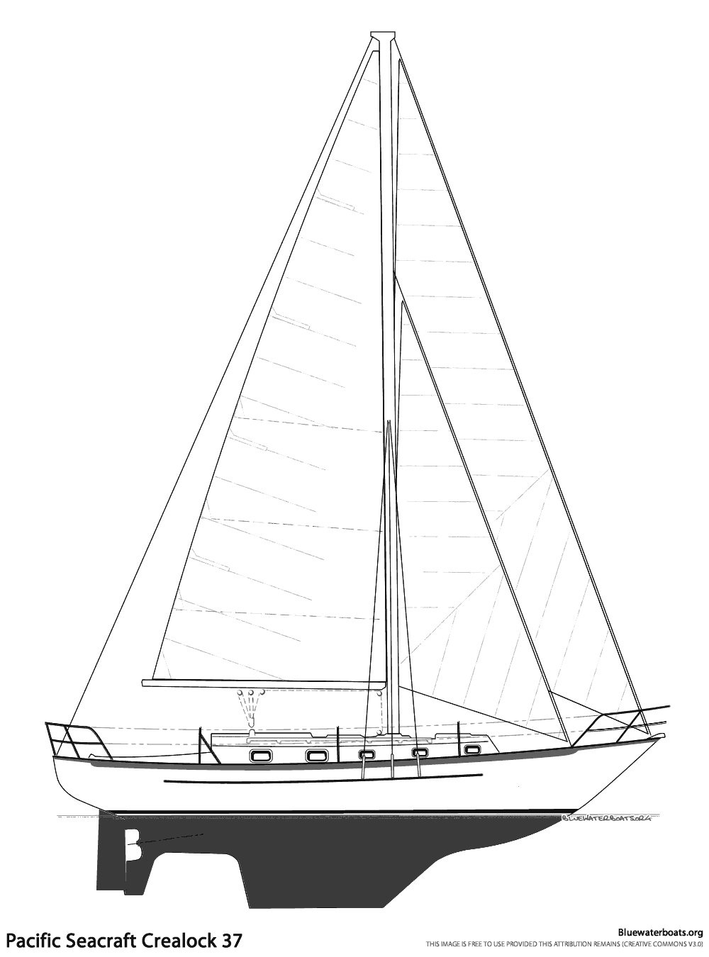 Line drawing of the Pacific Seacraft Crealock 37 sailboat