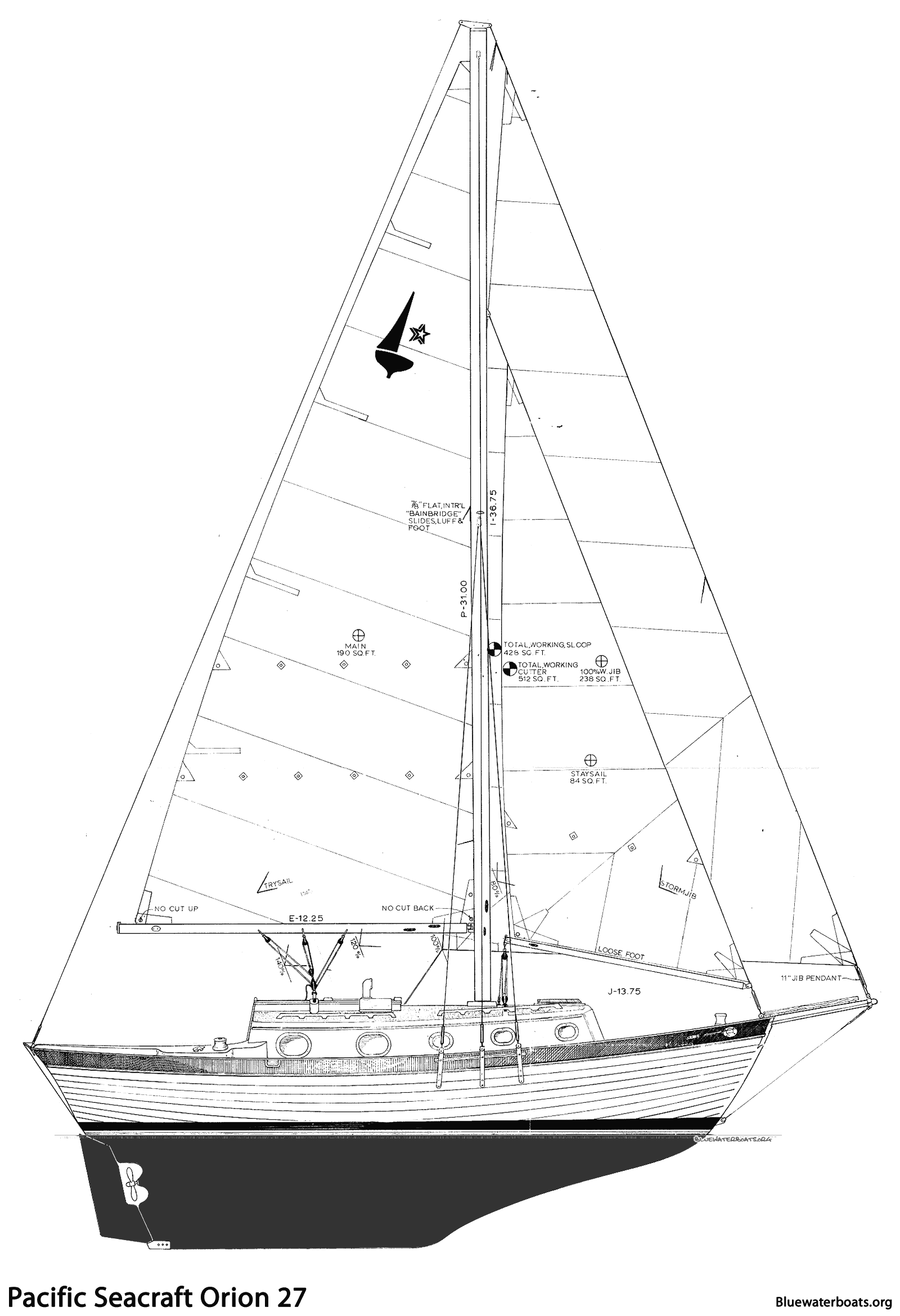 Line drawing of the Pacific Seacraft Orion 27 sailboat