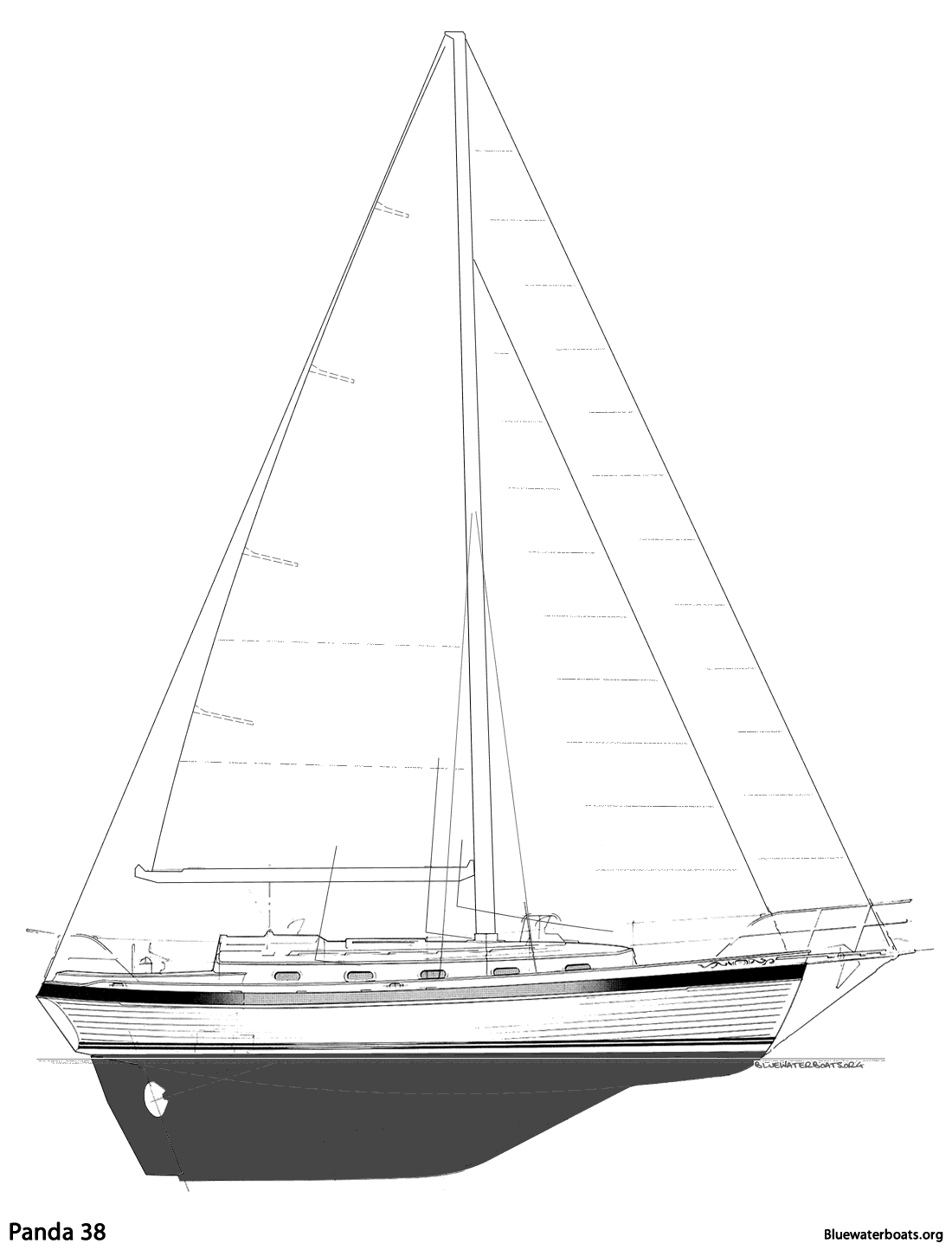 Line drawing of the Panda 38 sailboat
