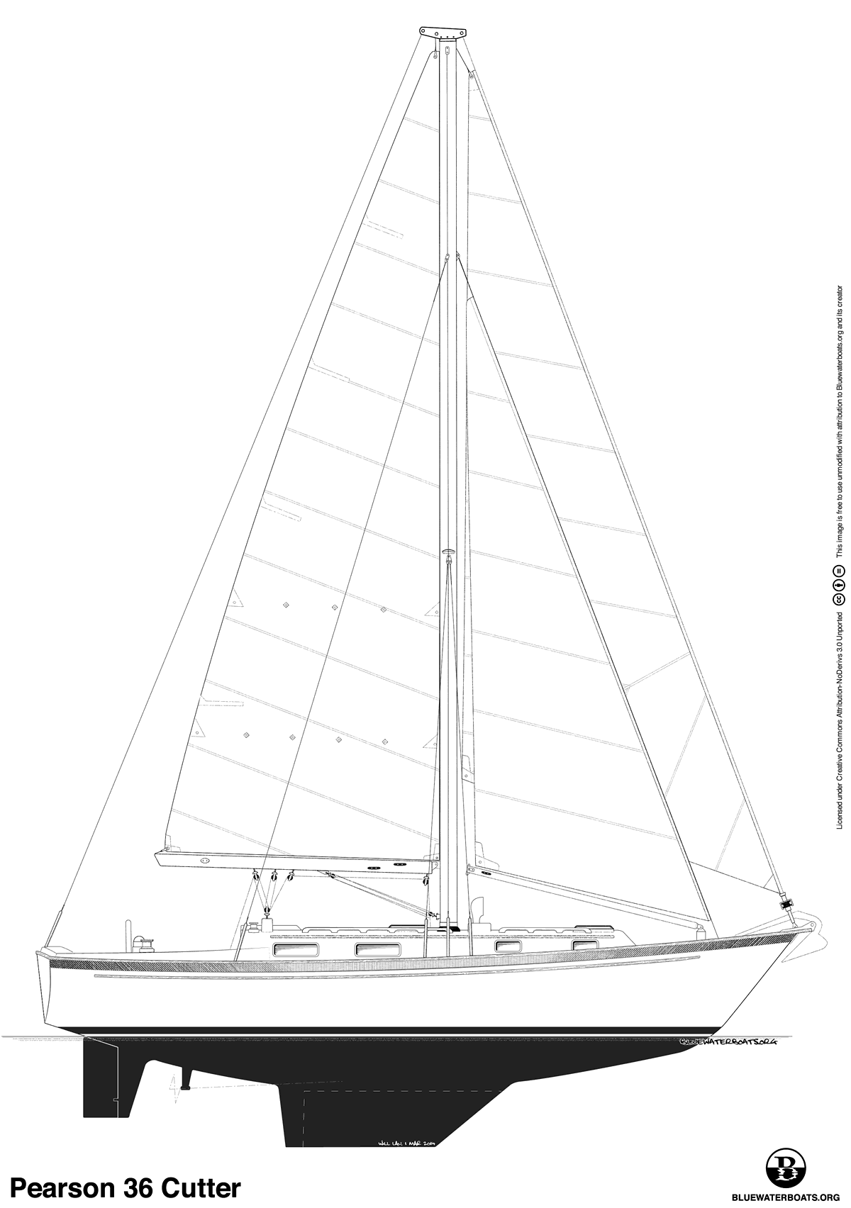 Line drawing of the Pearson 36 Cutter sailboat