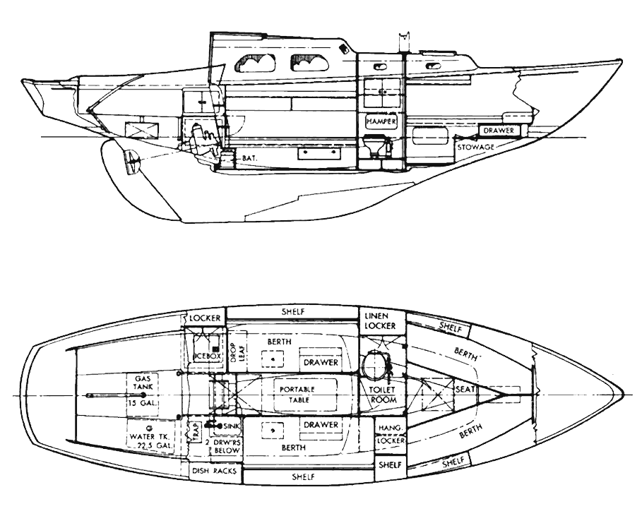 Interior layout of the Pearson Triton 28 sailboat