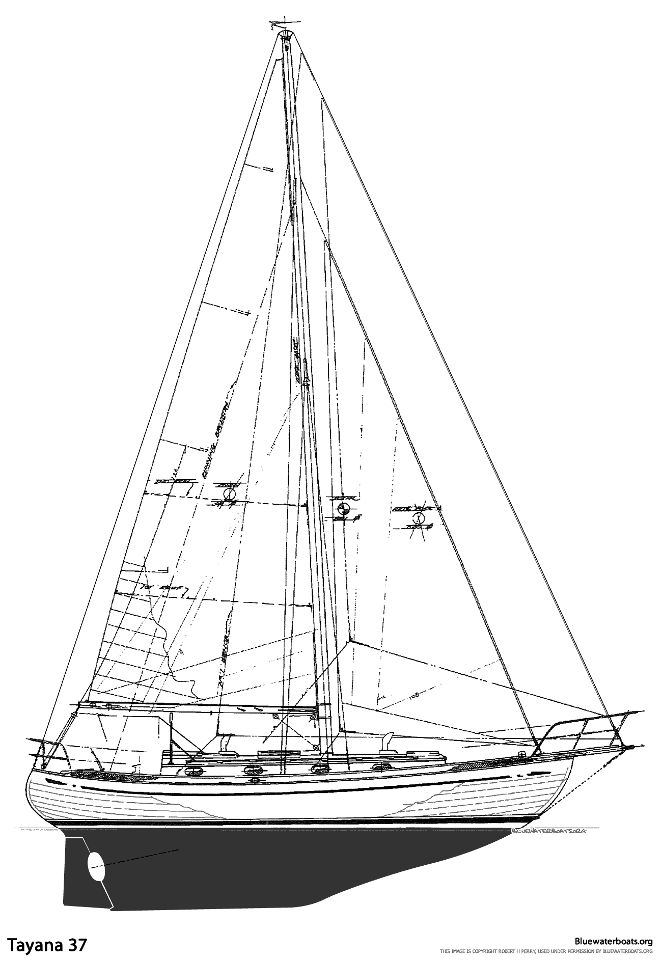 Line drawing of the Tayana 37 sailboat